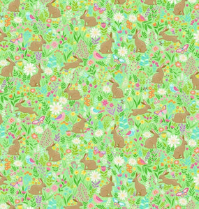 Hello Spring by Makower uk 083.G Bunny Meadows on Green