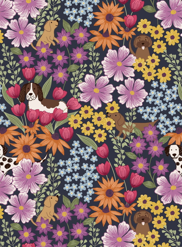 Paws and Claws by Lewis and Irene A709.2 Dogs in flowers on blue